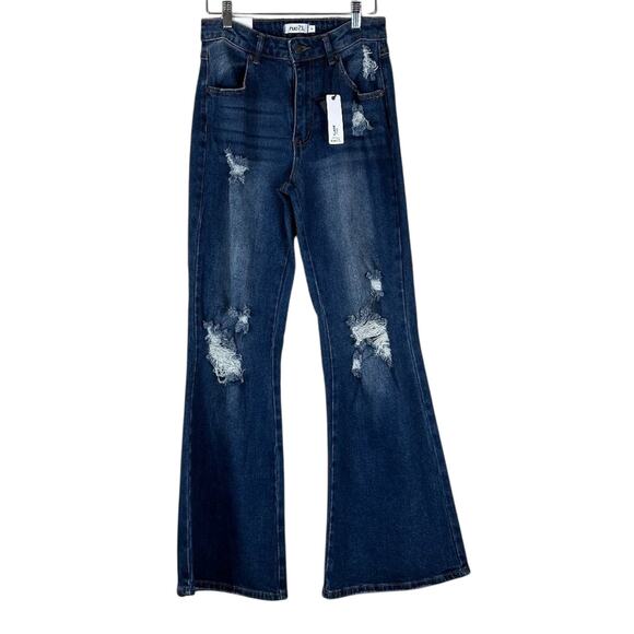 NWT Rue21 Flare Jeans Juniors 3 Dark Wash Distressed Stretch Retro 90s Skater - Picture 1 of 5